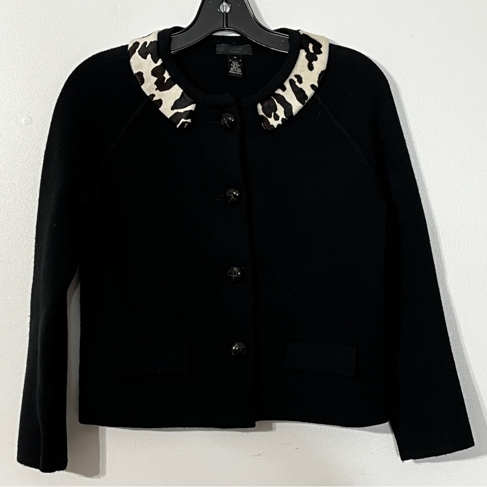 J.Crew Collection Black Button-Up Wool Leopard Print Calf Hair Collar Jacket